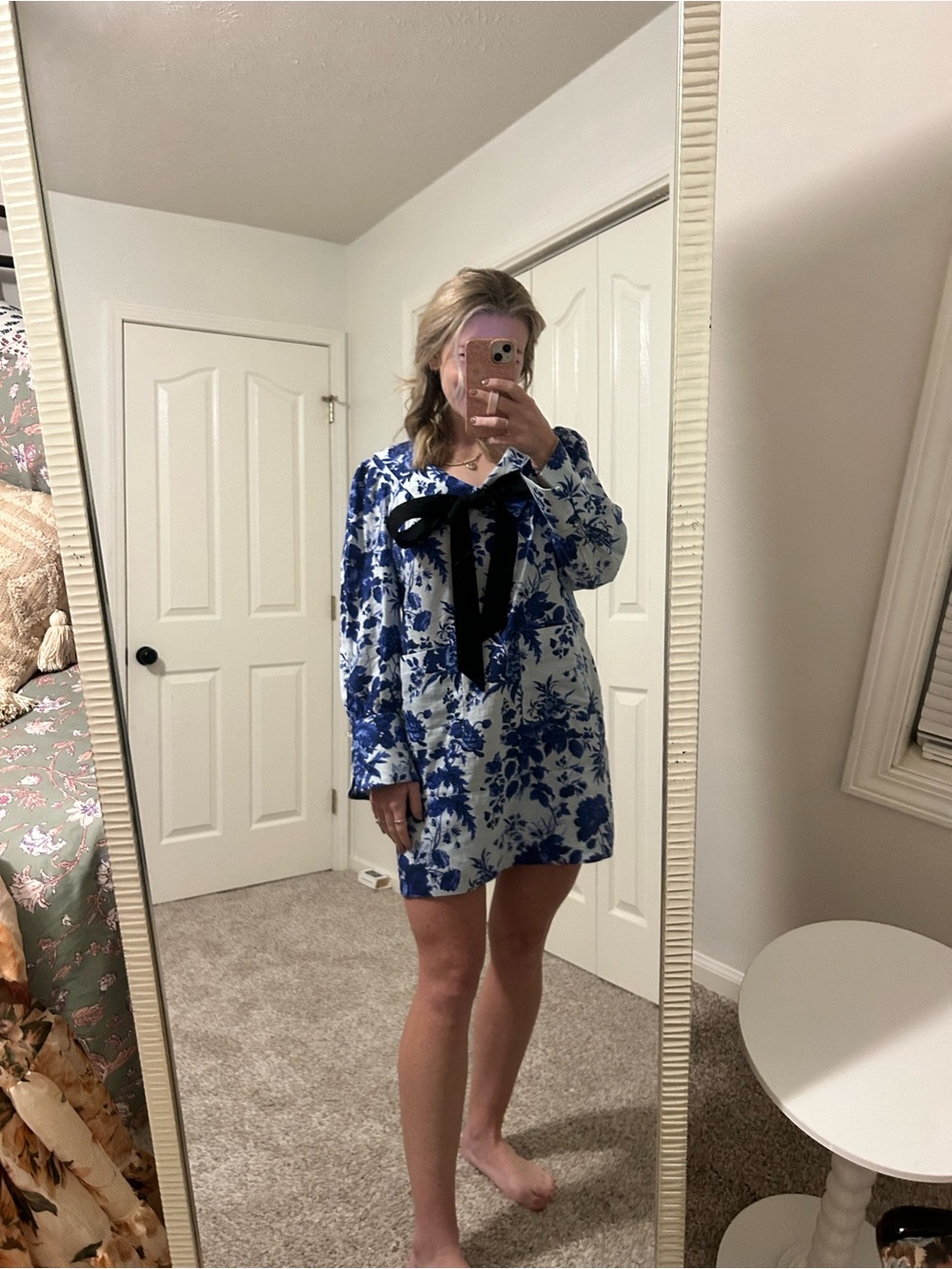 Tuckernuck Blue and White Floral Mini Dress with Black Bow